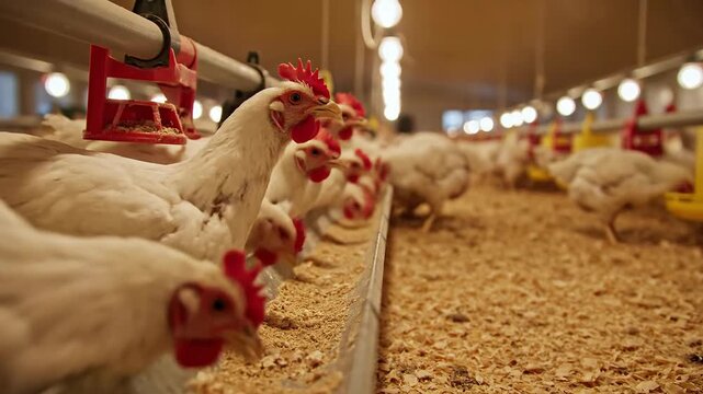 Modern poultry farm with rows of white chickens eating from feeders