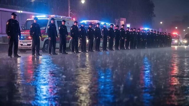 Law Enforcement Officers Lined Up on Wet Street Under Flashing Lights