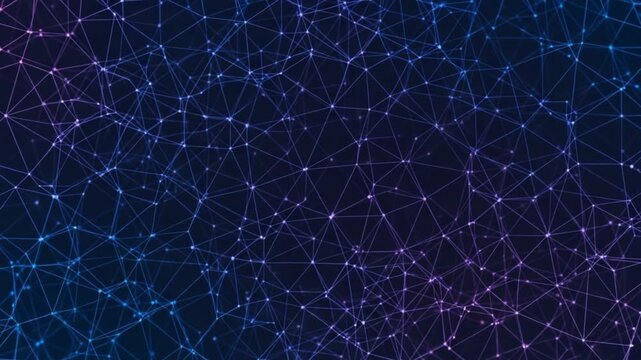 A complex network of blue and purple lines and dots on a dark background