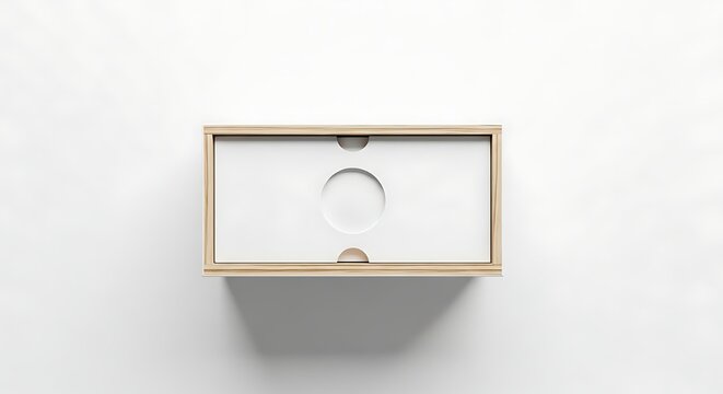 Wall mounted wooden shelf with recessed area and circular indent on white background