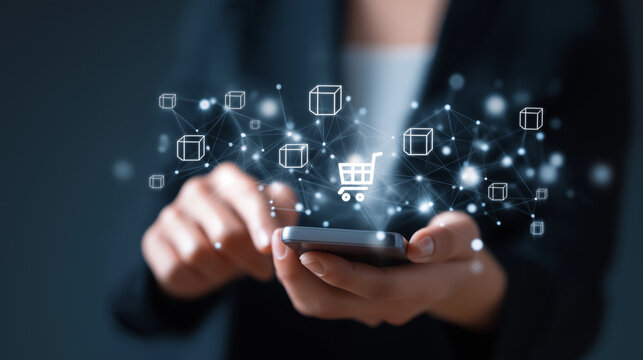 Concept of e-commerce, digital business, and customer engagement with mobile technology and global communication. Symbol of online shopping, marketing strategy, and client-focused service solutions
