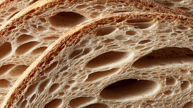 Close-up of layered bread crumb showing elongated air pockets. Detailed bakery texture ideal for bread, baking, and food education visuals.