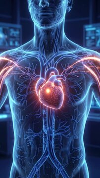 Heart pulses with light inside a human torso with vessel map. Concept of cardiology, vital signs.