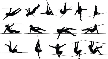 Black silhouettes of people performing aerial acrobatics on pole