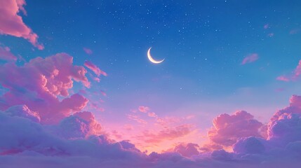 Fototapeta premium Celestial Dreamscape: A breathtaking panorama of a twilight sky, painted with pastel hues and a crescent moon, inviting a sense of peace and wonder.