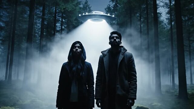 Mysterious UFO hovering over a misty forest with two people looking up