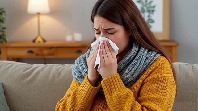 Woman blowing nose on couch