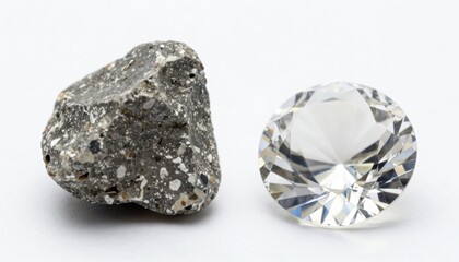 Comparing raw rock and polished diamond natural science exhibit laboratory setting close-up view mineralogy insight