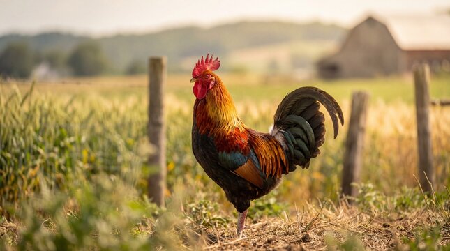 Majestic rooster standing proudly in a sunlit farm field with barn in background