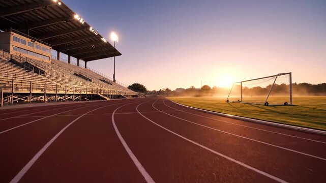 Early morning view of a track and field stadium at sunrise.