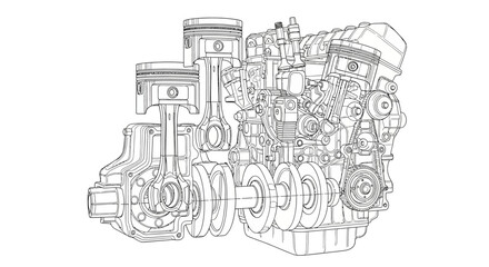 Naklejka premium Complex Industrial Pipeline And Engine System Line Illustration Representing Heavy Machinery And Factory Infrastructure 