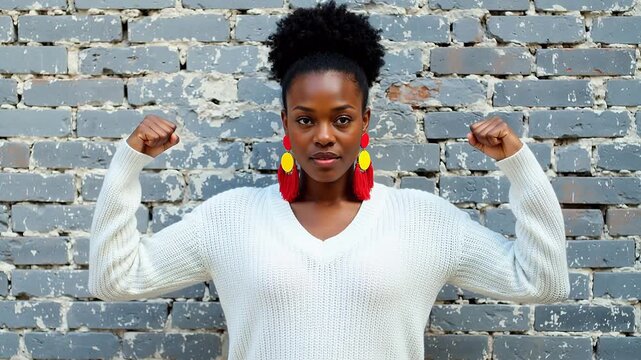 Woman posing with fists raised against brick wall