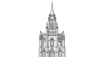 Historic Gothic Tower Architecture Line Art Vector Illustration Tall Monument Building with Spires for European City Landmark and Heritage Design
