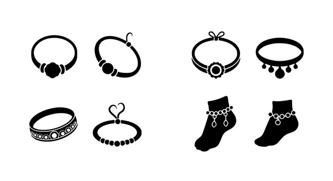 Elegant fashion jewelry and accessory icons featuring various necklaces bracelets and decorative anklets for style.
