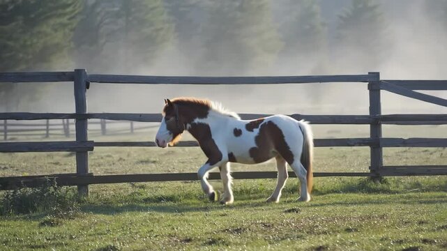  indian pinto pony at a farm in morning fog video