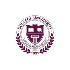 A circular college university seal featuring books a cap and laurel wreaths © firoj