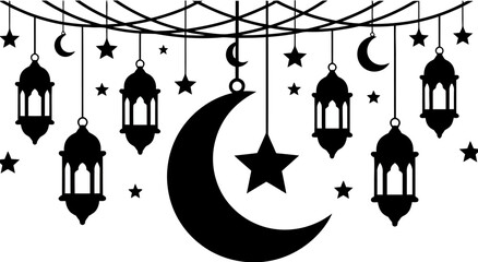 Islamic ramadan decoration with hanging lanterns moons and stars © Afia