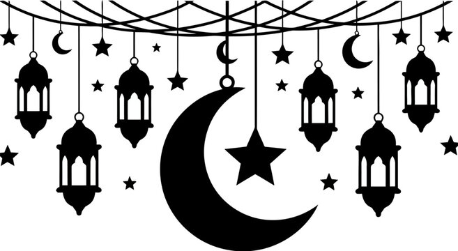 Islamic ramadan decoration with hanging lanterns moons and stars