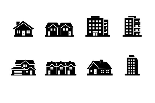 Residential Buildings Icons. Residential Buildings. Filled icon set of Residential Buildings: single family house,