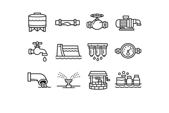 Water supply icons. Line outline icon set of Water supply icons: water tank, pipeline, valve, water pump, faucet,