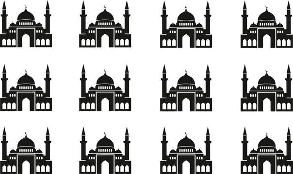A seamless pattern of stylized mosque silhouettes on white background