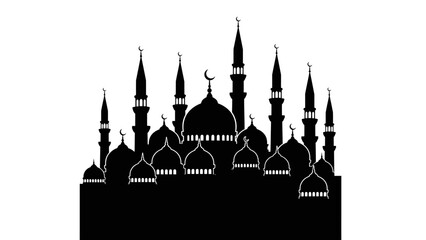 silhouette of a mosque with minarets and domes in a cityscape © Afia