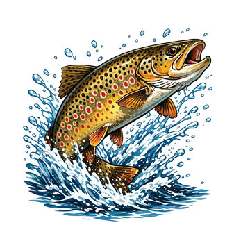 Trout Fish Jumping Water Splash Illustration