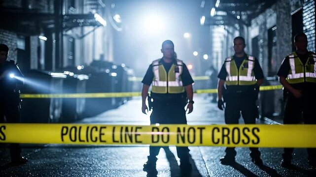 Police Officers Guarding Crime Scene Line Cinematic Night