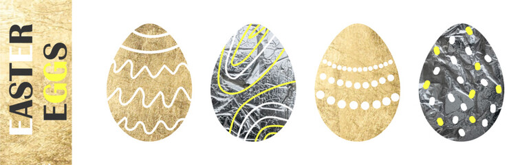 A set of gold and silver foil Easter eggs. Trendy glittery Easter decor.