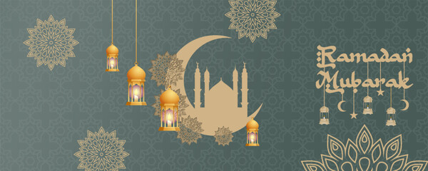 This Ramadan Mubarak poster features a 3D paper-cut design depicting an Islamic mosque, flowers, and a crescent moon. The rich green color creates an elegant and festive atmosphere.