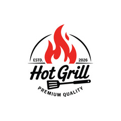 Hot grill logo featuring flames spatula and established date of 2026