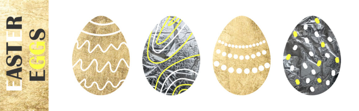 A set of gold and silver foil Easter eggs. Trendy glittery Easter decor.