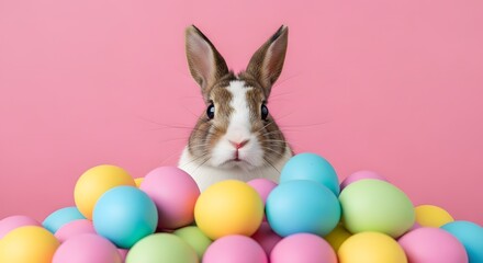 Fototapeta premium A cute, fluffy Easter bunny with colorful eggs in a basket, celebrating spring.