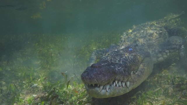 Banco Chinchorro, a unique atoll off Mexico's Yucatan Peninsula.underwater extreme closeup shot of the American crocodile (Crocodylus acutus)