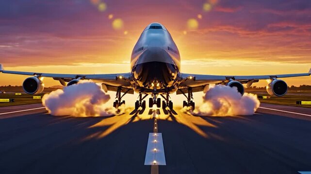 Symmetric Front View of a Massive Cargo Plane Taking Off from a Runway into a Golden Sunset.