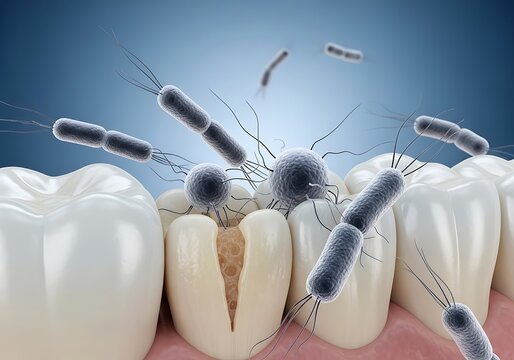 Bacteria infecting teeth with visible plaque and gingivitis near the gum line, a dental health issue, viewed from a close-up perspective