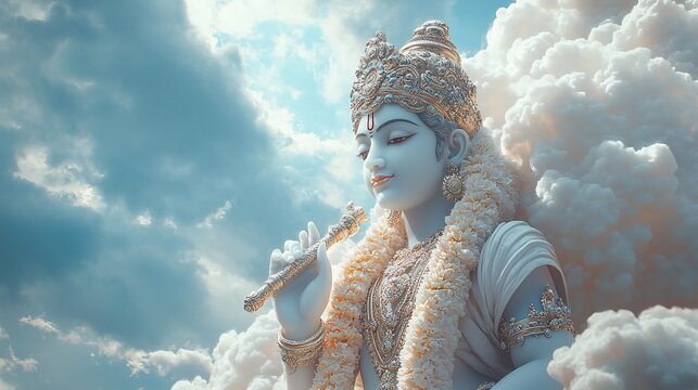 Cultural and Spiritual State of Mind Concept Featuring Hindu God Krishna with a Surreal Cloud Sphere Illustration