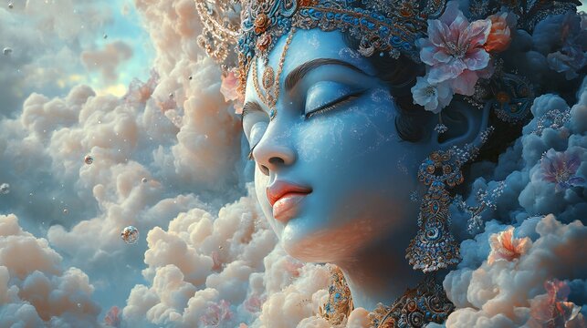 Cultural and Spiritual State of Mind Concept Featuring Hindu God Krishna with a Surreal Cloud Sphere Illustration