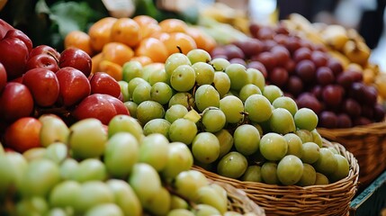 Abundance of Fresh Fruits Grapes Plums and Mandarins in Woven Baskets.