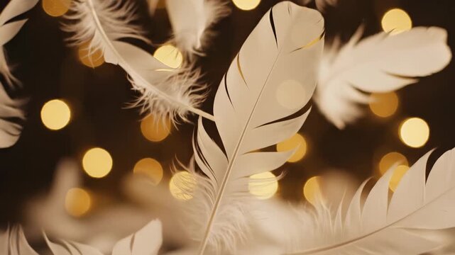 Elegant white feathers floating with bokeh lights, creating a serene and dreamy scene.