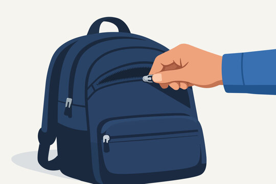 Hand opening a backpack zipper, stealing items from the unsuspecting victim's bag