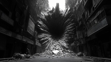 Apocalyptic Black Hole Devours City Street Monochrome Disaster Scene.