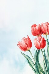 Fototapeta premium Red watercolor tulips blooming against blue background