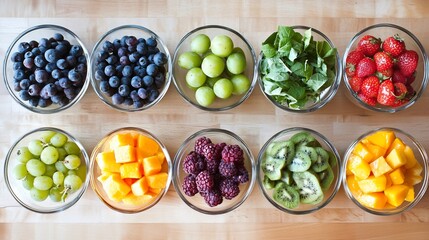 Colorful Fruit and Greens Bowls Healthy Eating Concept TopDown View.