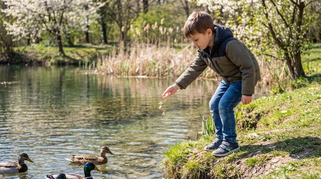 Young boy feeding ducks by spring pond in sunny park  