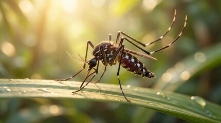 Naklejka premium Tropical mosquito perched on a green leaf in soft sunlight 