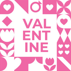 Fototapeta premium Geometric Valentines Day poster in pink and white colors. Modern minimalistic abstract shapes for invitation, banner, poster, template, cover, web design.