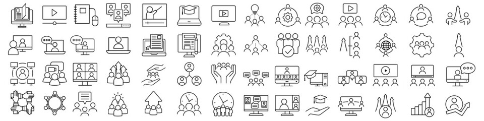 Training vector icon set. Online learning Illustration sign collection. Team building symbol. Personal development logo. Team mark.