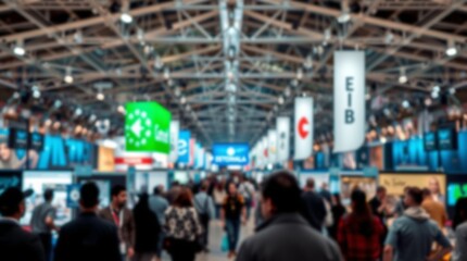 Fototapeta premium Blurred image of crowd of people walking through a large exhibition hall with various displays and signs