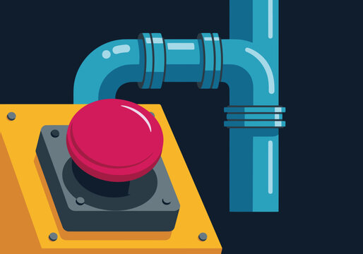 Emergency stop button controls a chemical plant. Bold red button contrasts with blue pipes and a yellow panel. Clean, modern illustration for industrial themes.